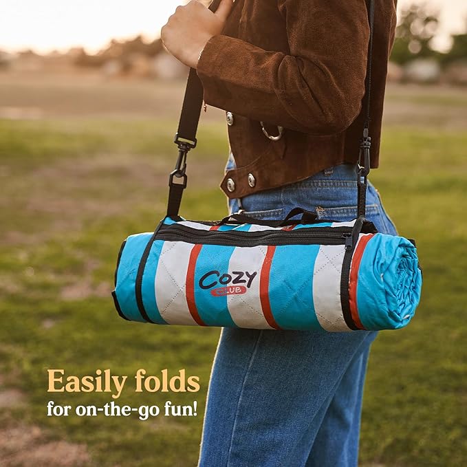 Cozy Club Waterproof Picnic Blanket Foldable Outdoor Mat with Pocket, Stakes & Shoulder Strap | Sandproof, Durable & Portable for Beach, Camping, Sporting Events & Travel | US Brand