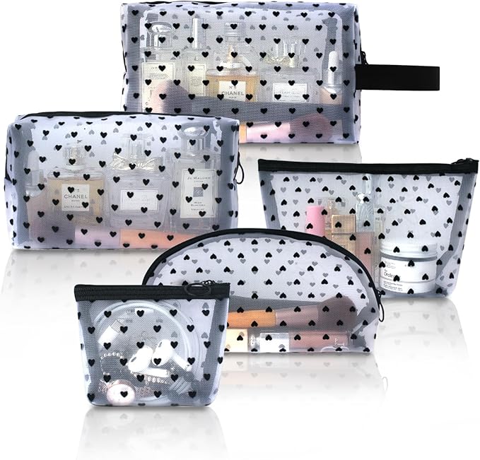 5-Piece Heart Printed Mesh Makeup Bag Set, Portable Travel Cosmetic Toiletry Purse Bags, Zipper Storage Pouches for Home Offices Travel Accessories (White)