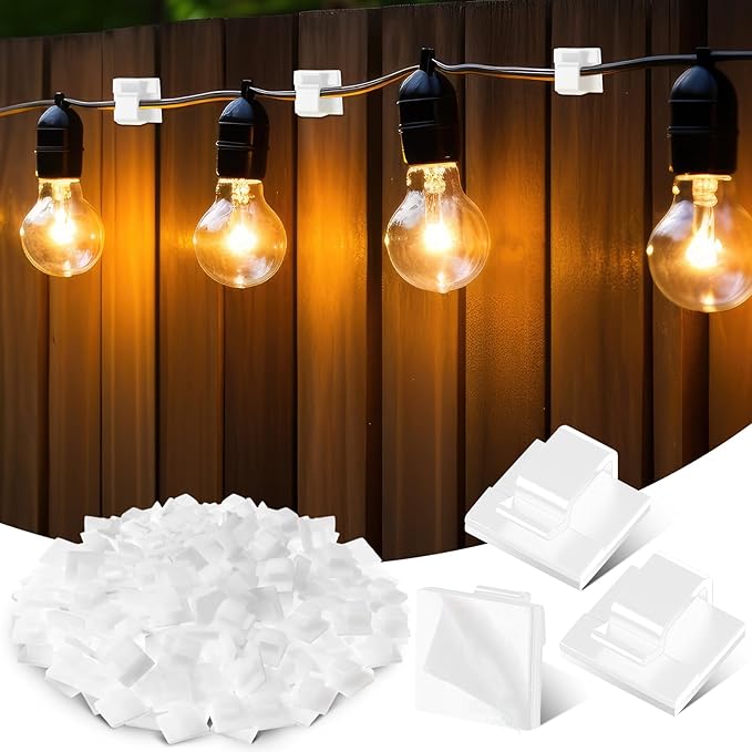 200 Pcs Outdoor Light Clips Adhesive Cable Clips for Christmas Outdoor String Lights with Adhesive Strips Patio Decor for Wall Wire Holder for Hanging Cable Management Cord Organizer (White)
