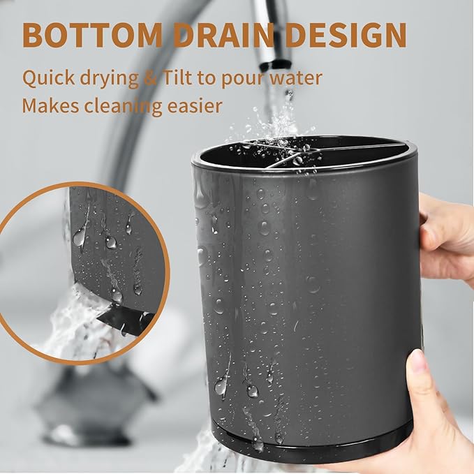 Extra Large Kitchen Utensil Holder - 360° Rotating Stainless Steel Cooking Utensil Holder for Countertop, 3 Compartment Flatware Organizer & Utensil Caddy with Removable Base (Grey)