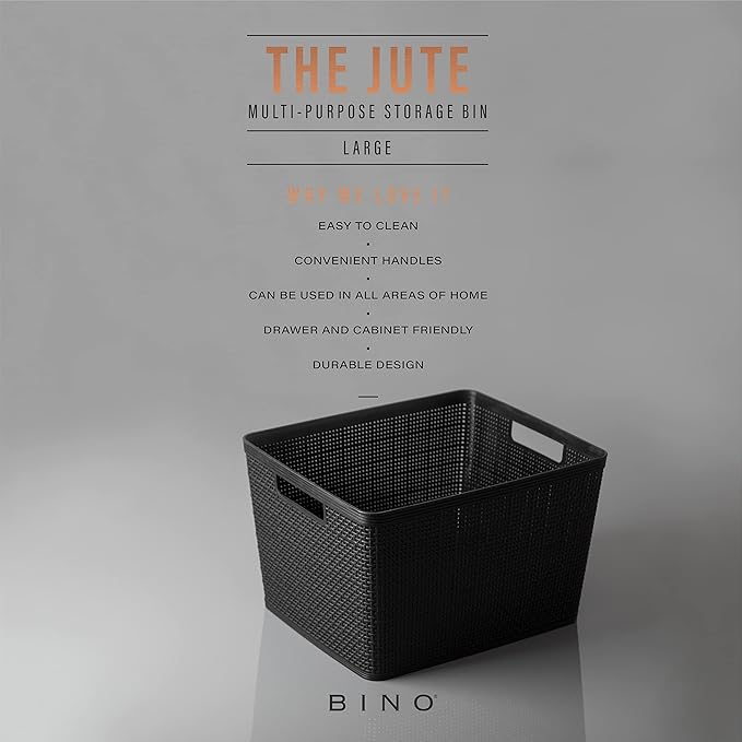 BINO | Woven Plastic Basket | Large (Black), 3-Pack | THE JUTE COLLECTION | Home Organization, Space-Saving Storage, Stylish Design | Jute Basket | Plastic Storage Basket