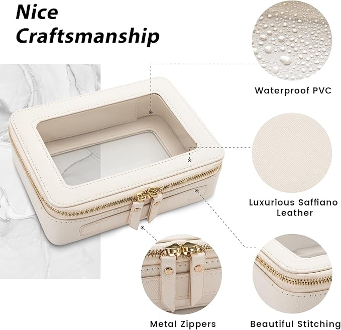 Aveniee Clear Makeup Bag Organizer Set,Portable Travel Toiletry Case for Women, Vegan Leather Cosmetic Pouch Car Bag for Essentials 2pcs,Middle & Large,Beige