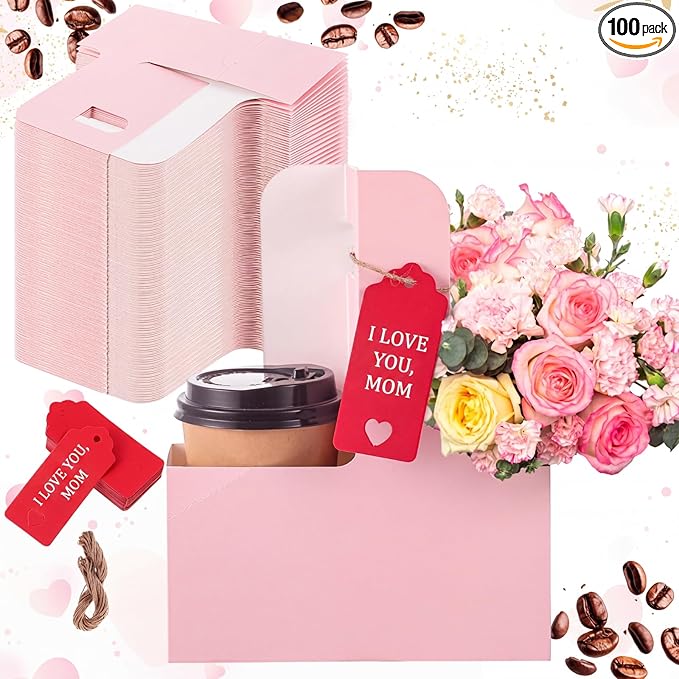 MotiMind 100 Pack Mother's Day 2 Cup Drink Carrier with Handle, Kraft Paperboard Teacher Cup Holder Portable for Hot Cold Drinks, Coffee Carrier Gift with Heart Card Rope (Pink)
