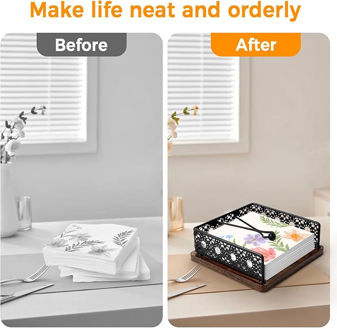 Wooden Napkin Holder for Table, Farmhouse Napkin Holder with Weighted Arm Iron Ball, and Vintage Sunflower Edging for Kitchen, Home, Countertop, Bar, Restaurant (Black Iron with Wood)