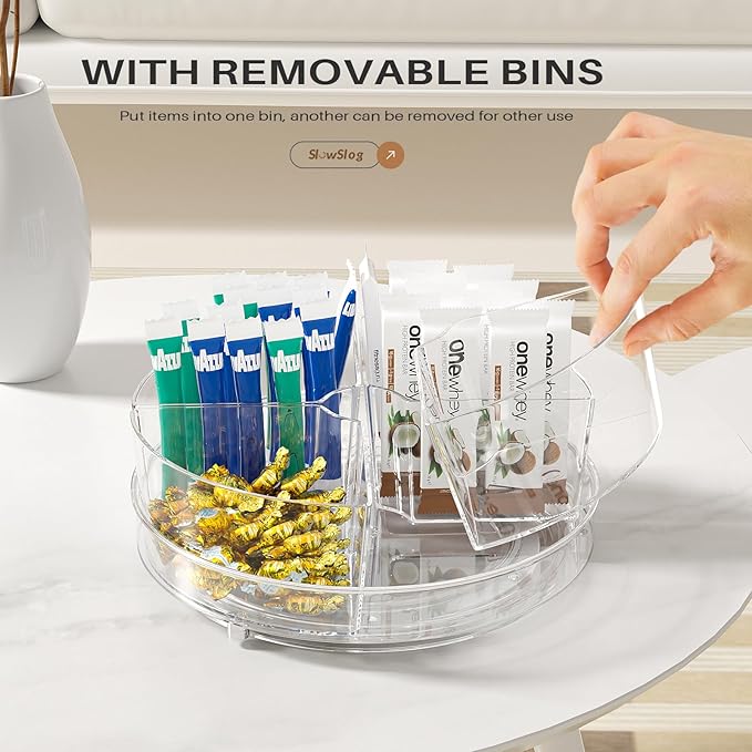 2 Pack Lazy Susan Organizer, 9 inch Rotating Storage Organizer with 4 Removable Bins, Lazy Susan Turntable Organizer for Fridge, Kitchen, Vanity, Cabinet