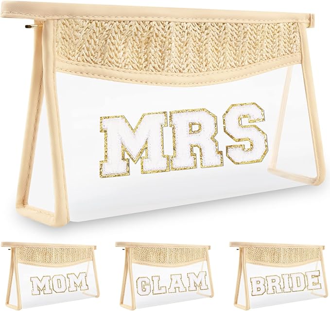 Clear Makeup Letter Patch Makeup Bag MRS Pouch, Boho Clear Toiletry Bags Travel Small Cute Preppy Chenille Letter Cosmetic Zipper Pouch Purse, Waterproof Glitter Wedding Makeup Storage for Women (MRS)