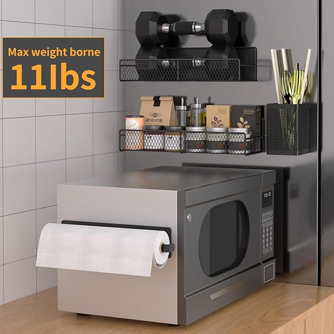 Magnetic Spice Rack for Refrigerator, 7 Pack 100% Metal Strong Magnet Shelf, Spice Organizer W/ Paper Towel Holder, Hook Rack, Utensil Caddy & Cutting Board Holder, Home Kitchen Organization (Black)