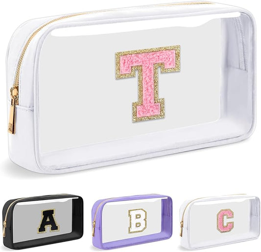 Personalized Initial Letter Clear Makeup Bag,Preppy Small Nylon&PVC Cosmetic Zipper Bag with Chenille Letter,Travel Skincare Toiletry Bag,Monogram Christmas Gift for Teen Girls Women,T
