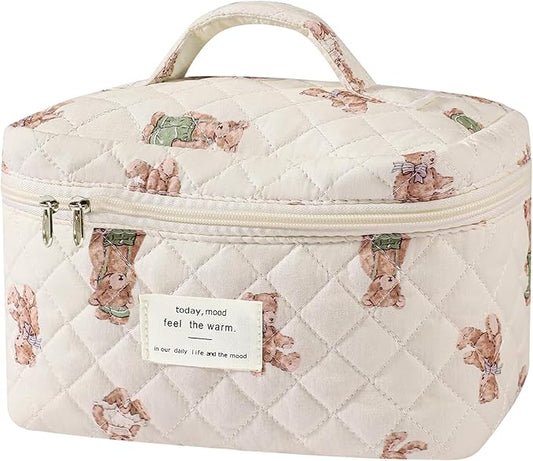 Large Makeup Bag, Cute Cosmetic Bag for Women Girls, Floral Coquette Aesthetic Toiletry Bag, Travel Make Up Organizer Bag (White-Bear)