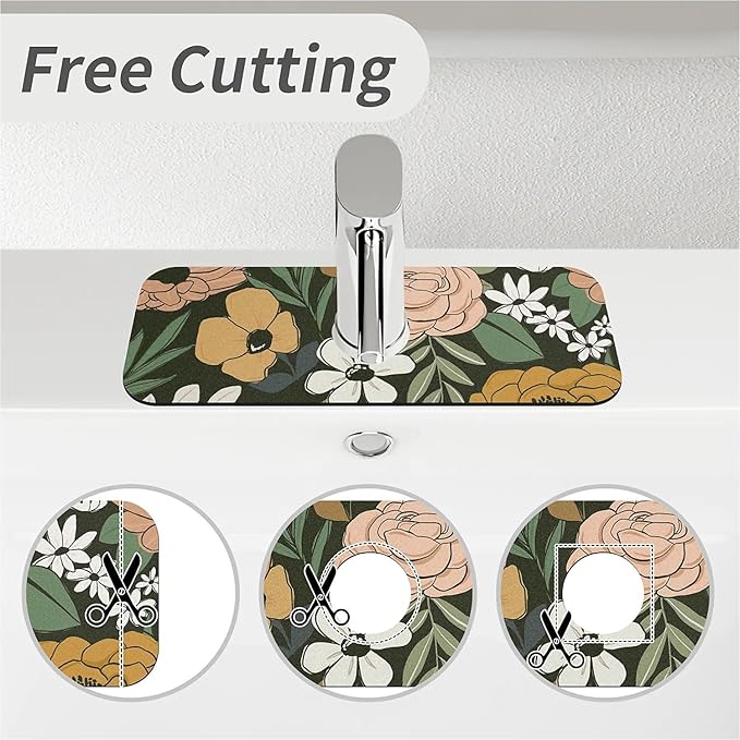 Kitchen Sink Splash Guard, Vintage Large Floral Faucet Mat Sink Gadgets - Super Absorbent Fast Drying Mat Drip Catcher for Kitchen, Bathroom, Sink Mat, Dish Drying Mat, Bathroom (15" X 5.5")