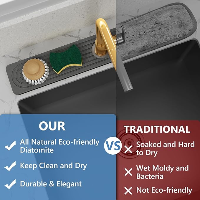24'' Longer Faucet Mat for Kitchen Sink [Diatomite Stone Super Fast Drying] Stone Faucet Mat for Kitchen Sink Splash Guard Sinks Stones Quick Dry Around Faucets Stones Drying Mats Bathroom