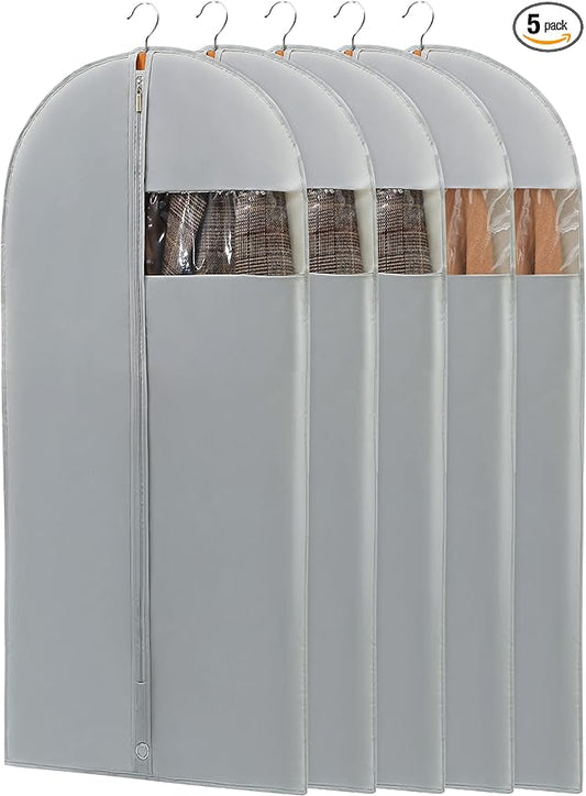 50" Garment Bag, Men's Suit Bags for Closet Storage and Travel, Garment Bags for Hanging Clothes, Foldable Suit Cover Bags with Clear Window for Coats, Jackets, Dresses - Gray/ 5 Packs