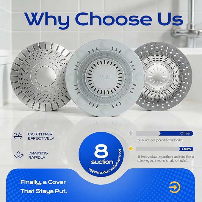 VLM 2 Pack Shower Hair Drain Catcher, Collapsible Silicone Hair Catcher Shower Drain with 8 Suction Cups - Drain Hair Catcher for Bathtub, Shower, Laundry, Sink,with Large Size
