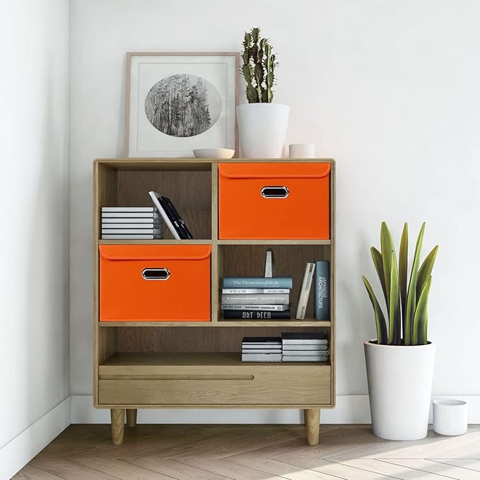 Linen Fabric Foldable Collapsible Storage Cube Bin Organizer Basket Fabric Storage Bins with Lid, Leather Handles, Removable Divider for Home, Closet, Orange