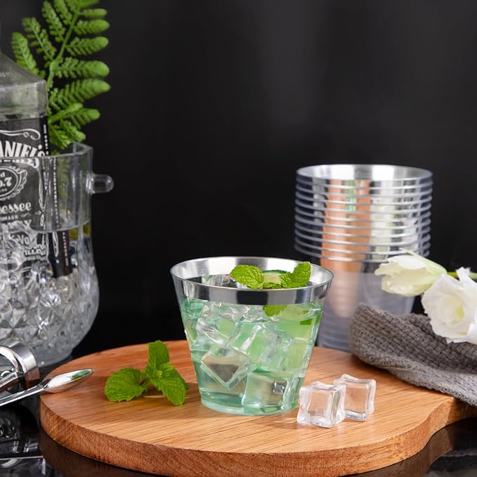 Hioasis 100Pcs 9OZ Clear Plastic Cups with silver Trim - Plastic Disposable Cups, Heavy Duty & BPA-free for Party, Wedding, Celebrations