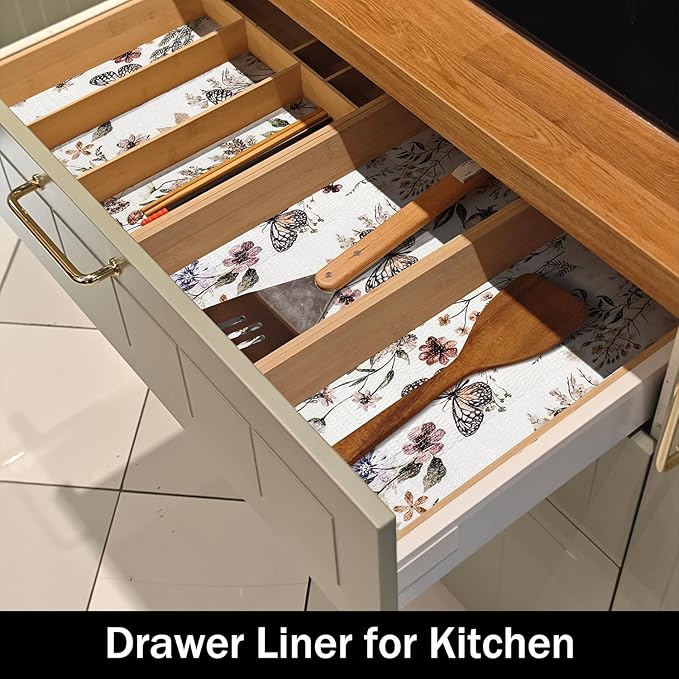 Floral Shelf Liners Non Adhesive 12IN x 20FT and Strong Non-Slip Shelf and Drawer Liners for Kitchen Cabinet Wire Fridge, Waterproof Shelf Drawer Liner,Easy to Clean,Butterfly
