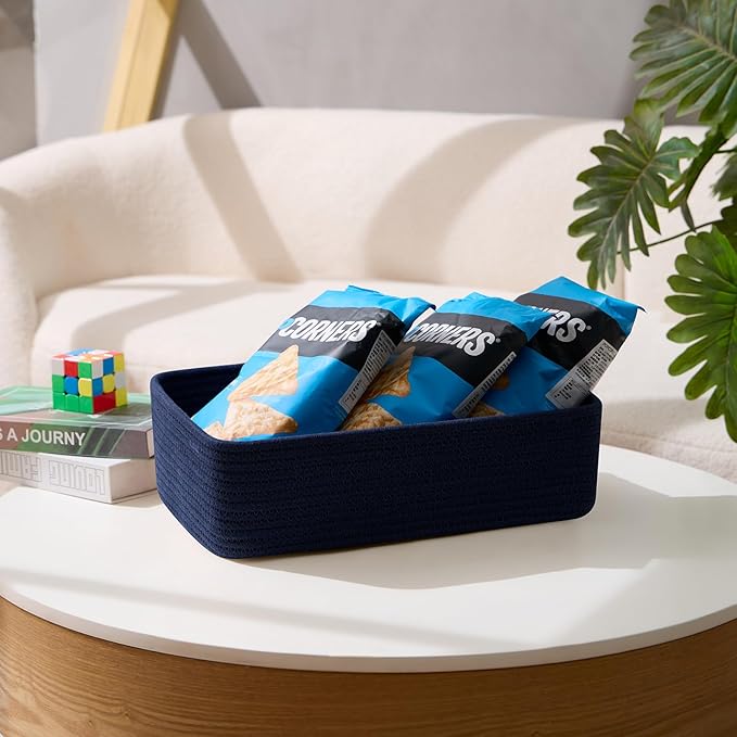 MiniArk Large Shallow Organizing Baskets 15x11x5.1 Inches - Rope Woven Storage Bins for Bathroom, Shelves, Cube Closet, Navy Blue 3 Packs