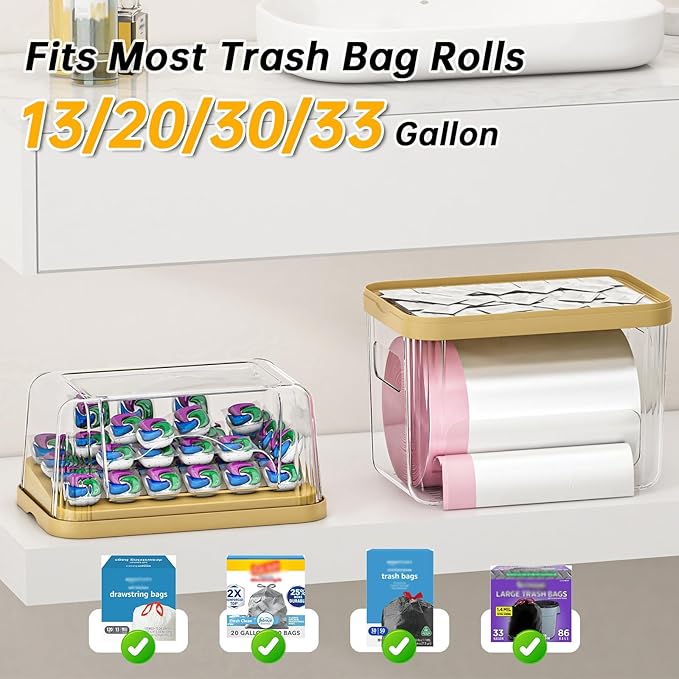 2-in-1 Trash Bag Dispenser & Laundry/Dishwasher Pods Container, Clear Acrylic Garbage Bag Organizer with Removable Lids, Under Sink Kitchen Storage Box