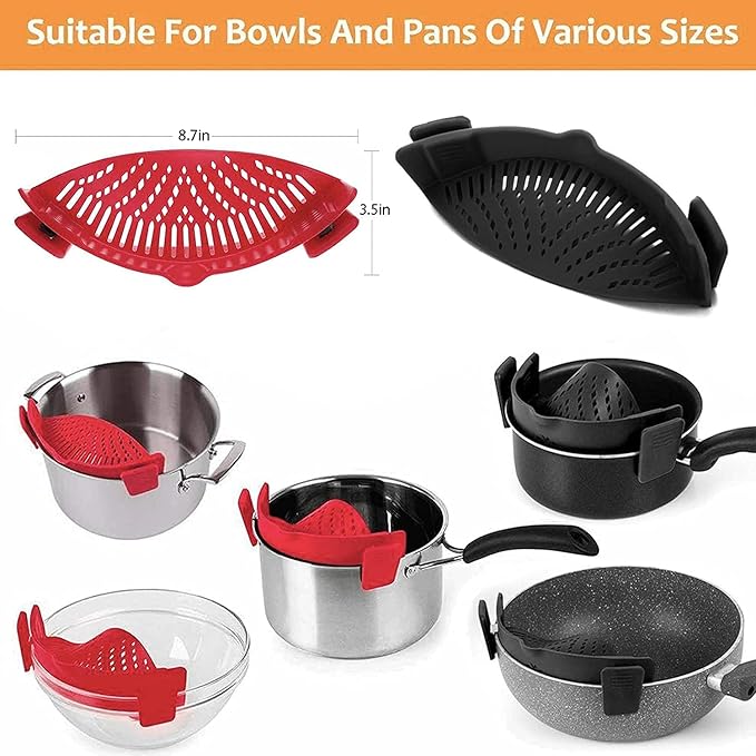2 Pcs Clip on Strainers, Pot Strainer for Pasta Meat Vegetables Fruit, Silicone Strainer - Fit All Pots and Bowls