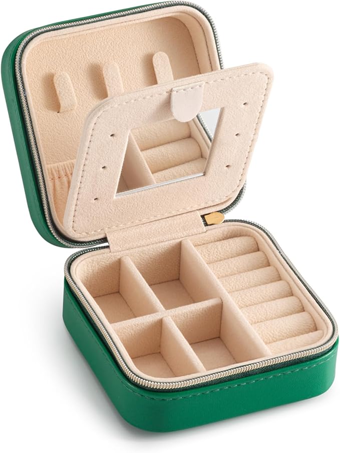 Jewelry Travel Case with Mirror,Small Travel Jewelry Organizer, Portable Jewelry Box Travel Mini Organizer Portable Display Storage Box For Rings Earrings Necklaces (Green)
