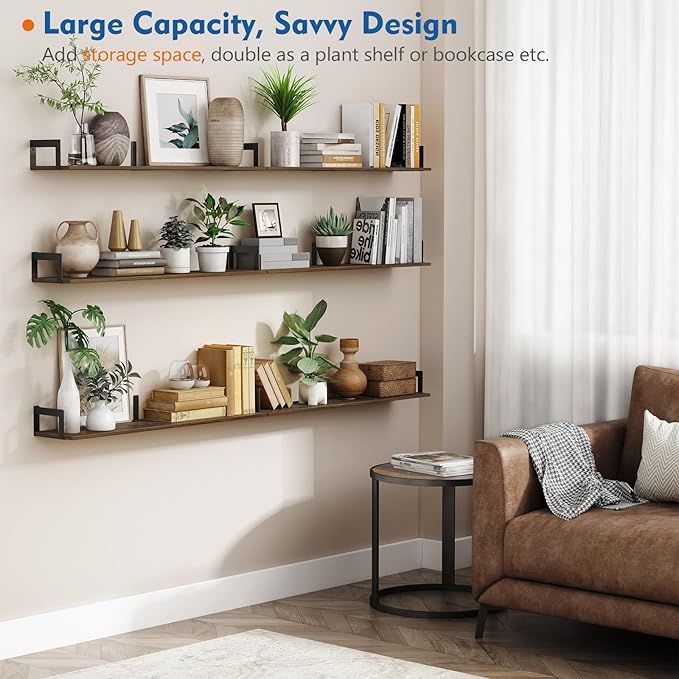 Harwaya Floating Shelves for Wall 36 Inches Long 8 Inch Deep, Large Wall Book Shelves for Bedroom, Rustic Wood Hanging Bookshelf for Living Room Office Kitchen Closet Organizers and Storage - Set of 3