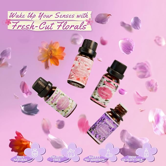 SALKING Floral Essential Oils Set, Premium Pure and Natural Essential Oils, Fragrance Oil Scented Oils for Oil Diffusers 6 x 10 ML - Lavender, Rose, Jasmine, Cherry Blossom, Gardenia, Chamomile
