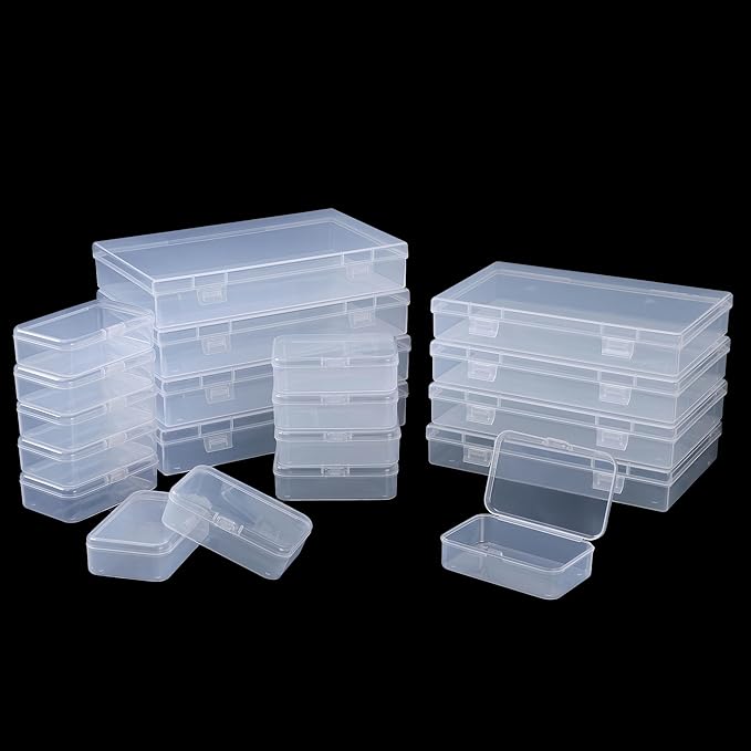 LJY 20 Pieces Mixed Sizes Rectangular Empty Mini Clear Plastic Organizer Storage Box Containers with Hinged Lids for Small Items and Other Craft Projects