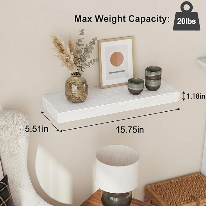 Fixwal White Shelves for Wall, 15.8in Rustic Wood Finish Floating Wall Shelves Set of 4, Shelves for Wall Decor, with Invisible Brackets for Bathroom, Living Room,Bedroom and Kitchen