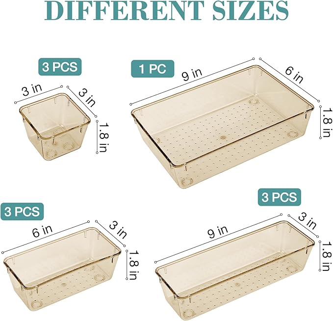 10 PCS Drawer Organizer Set, 5 Varied Size Bathroom and kitchen Drawer cabinet organizer Trays, Clear Storage Bins for Makeup, Jewelry, Utensils and Gadgets, Champagne