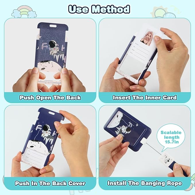 Cute ID Badge Holder with Clip Badge Reels and Lanyards with Badge Reel with 15-inch Pull Cord for School, Teacher, Student, Women, Men (Astronaut)