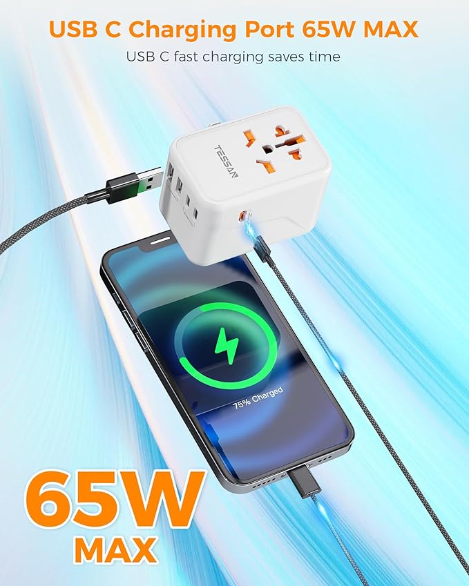 TESSAN Universal Travel Adapter Worldwide, GaN 65W International Plug Adapter with 3 USB C 2 USB A Ports, World Power Outlet for European USA UK Australia Ireland (Type C/G/A/I)