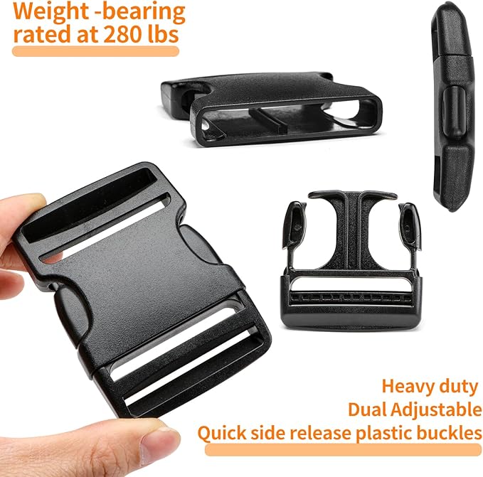 2" Heavy-Duty Buckle & Straps Set: 6-Pack Side Release Plastic Buckles, 6 Yards of Thick Nylon Webbing, 12 Tri-Glide Slide Clips, No Sewing Required (2 Inch Combo Set)