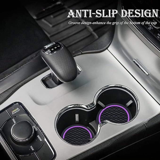 4-Piece Anti-Slip Car Cup Coaster Set – 2.75 Inch Auto Insert Drink Mats, Perfect for Coffee & Beverages – Stylish Interior Decor for Women & Girls (Black & Purple)