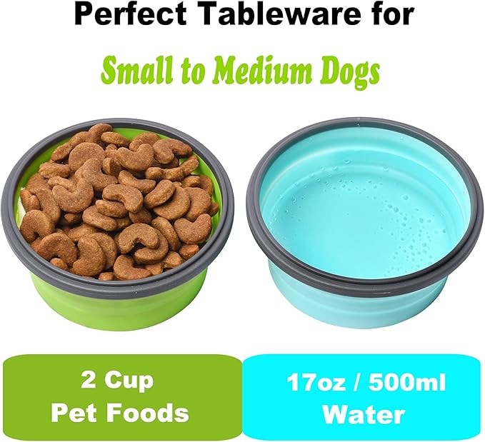 2 Pack Collapsible Silicone Travel Dog Bowls with Lids - Portable Pet Feeders, 17 oz 500ml