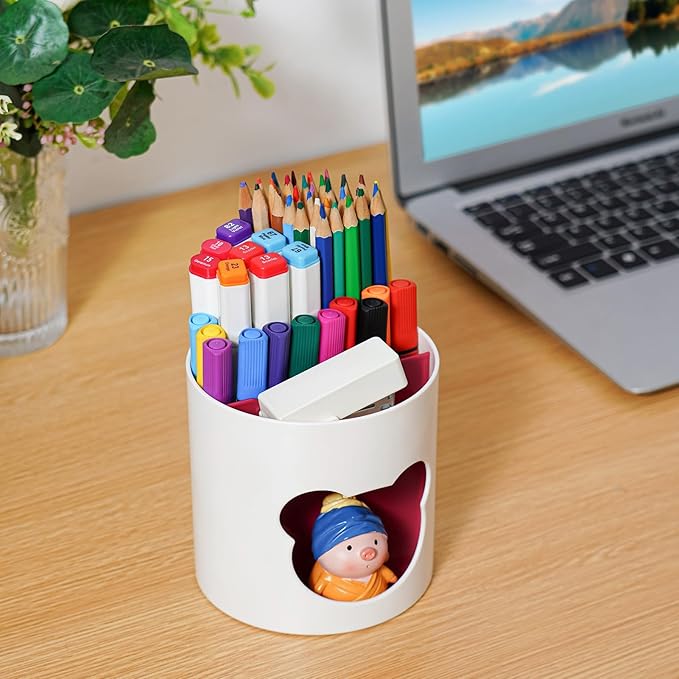 Marbrasse Desk Organizer - Cute Pen Holder & Art Supply Storage Box Caddy for Office & Classroom (White & Red Bear Head, One Size)