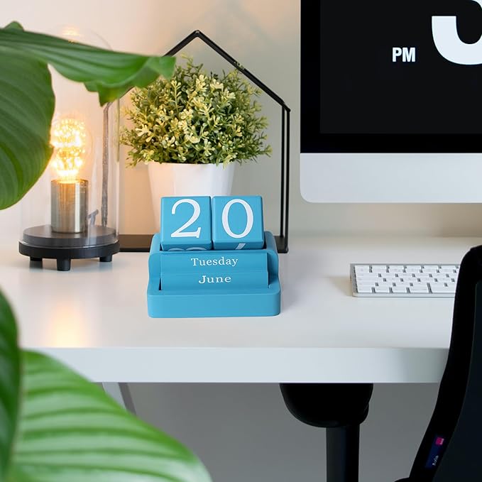 Wooden Block Calendar for Desk, Daily Desktop Perpetual Desk Calendar, Modern Farmhouse Aesthetic Desk Accessories for Home Office Decor, Teacher, Classroom, Reusable Yearly, Blue