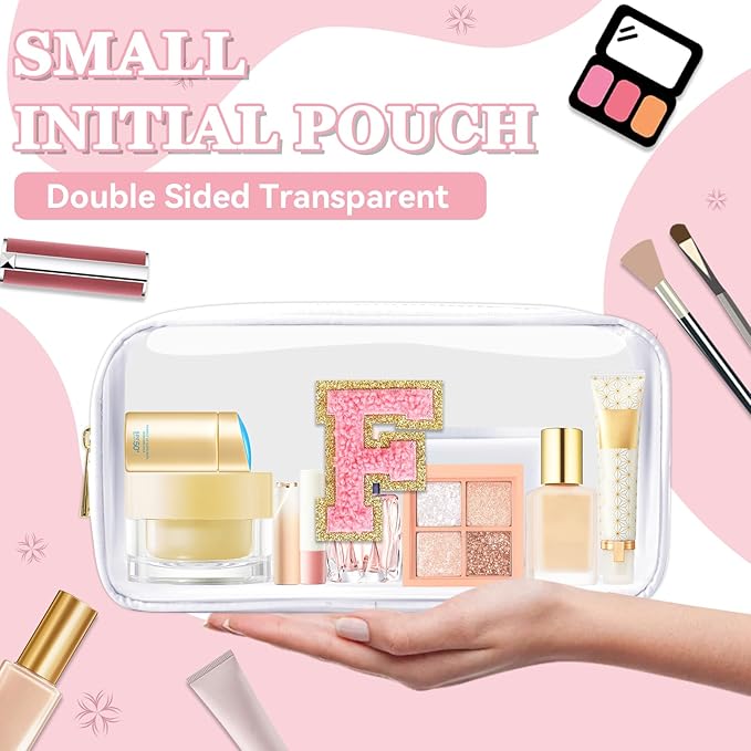 Small Clear Personalized Initial Makeup Bag,Nylon Preppy A-Z Chenille Letter Patch Cosmetic Pouch Beach Toiletry Bag,Waterproof Zipper Travel Purse Storage Bag Organizer for Women Girls(White-Pink F)