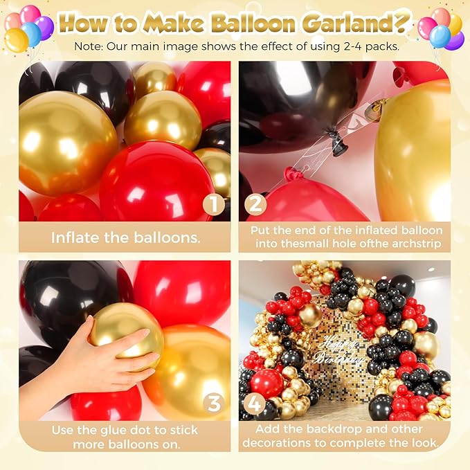 PTGOLUO 153Pcs Red and Black Gold Balloons Garland Arch Kit - 18 12 10 5 inch Different Size Black and Red Metallic Gold Balloons for Casino Anniversary Night Hollywood Movie Night Party Decorations