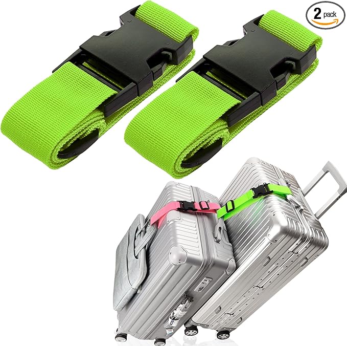 2 Pack Add Bag Luggage Straps for Carry On Bag, Adjustable Suitcase Belt Add Bag Travel Attachment Accessories for Connecting Your 3 Luggage Items, Green