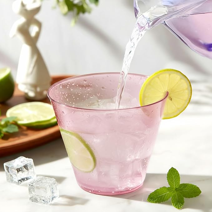 150 Pack Plastic Cups 9 oz Pink Clear Plastic Cups for Cocktail Fancy Disposable Cups for Party Stemless Wine Glasses for Birthday Wedding Graduation