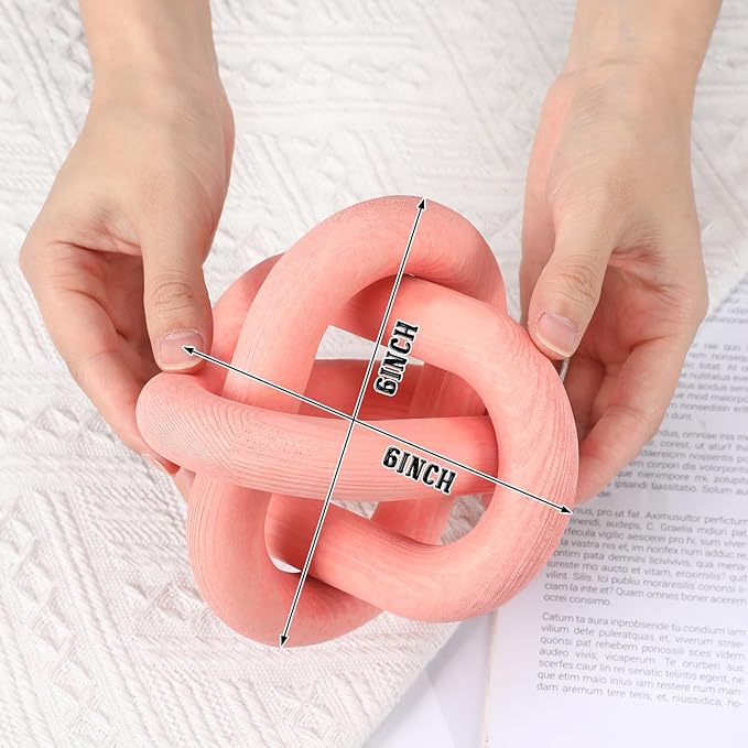 3 Link Wood Knot Decor - Hand Carved Coffee Table Decoration, Boho Chain Link Decor, Modern Shelf, Rustic Objects for Home Living Room Bedroom(Pea-Pink)