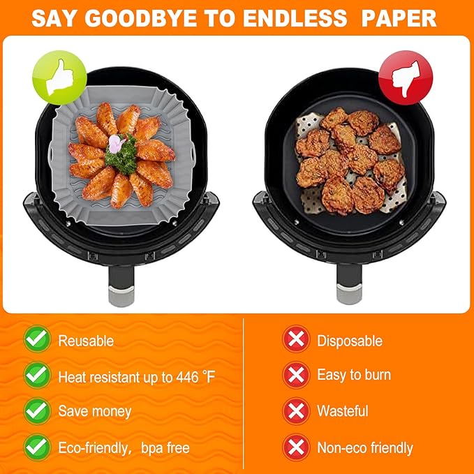 2 PCS Square Silicone Air Fryer Liners - 8 Inch Air Fryer Reusable Liners - Kitchen Accessories - AirFryer Inserts for 4 to 7 QT Oven Microwave Accessories (Grey + Pink)