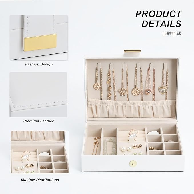 Jewelry Box Travel Jewelry Case Anti-Tarnish Single Layer Organizer for Rings, Earrings, Pendants, Necklaces Compact for Home Storage White