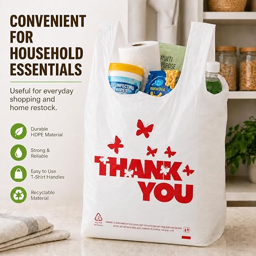 YoYoRain 1000 Pack White Thank You T-Shirt Bags with Handles, 11"x6"x21" Durable HDPE Plastic Carry-Out Shopping Bags for Grocery, Retail, Takeout & Small Business