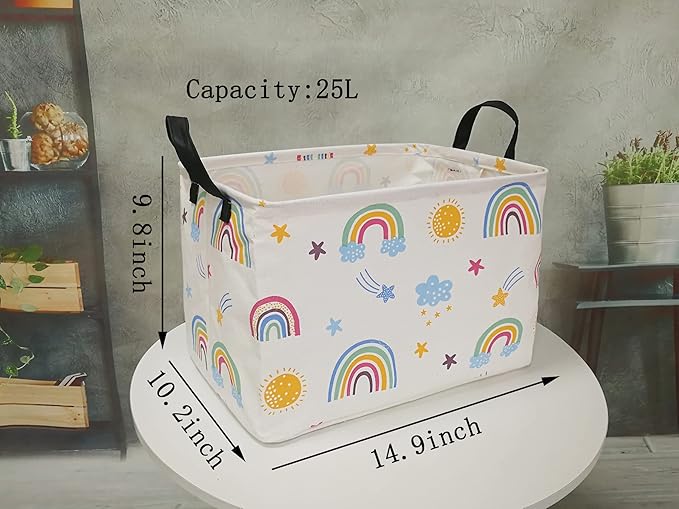 Rectangle Gift Storage Basket Home Shelf Storage Basket Organizer Box Clothes Laundry Hamper Nursery Basket Laundry Basket with Handles (Rainbow)