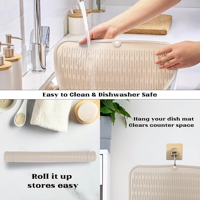 ZLR Silicone Dish Drying Mat for Kitchen Counter, Eco-Friendly Fast Dry Dish Mat, Easy Clean Multi Usage Drying Matt, Heat Resistant Trivet, 16" x 18" XL, Cassava White