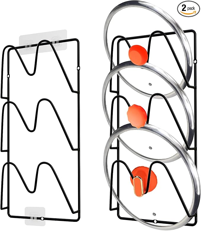 2 Pack Pot Lid Organizer Rack, 6 Tier Hanging Pot Lids Holder Inside Cabinet Door, No Drilling Adhesive Wall Mounted Pan Lid Organizer, Kitchen Cooking Lid Storage Rack for Cupboard (Black)