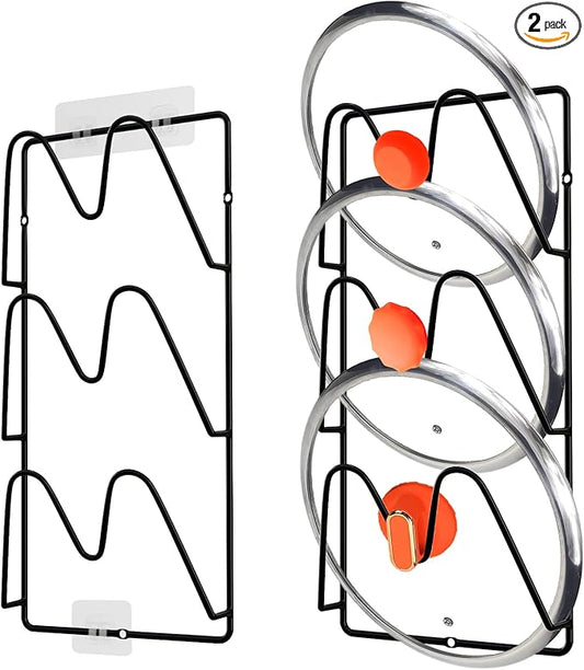 2 Pack Pot Lid Organizer Rack, 6 Tier Hanging Pot Lids Holder Inside Cabinet Door, No Drilling Adhesive Wall Mounted Pan Lid Organizer, Kitchen Cooking Lid Storage Rack for Cupboard (Black)