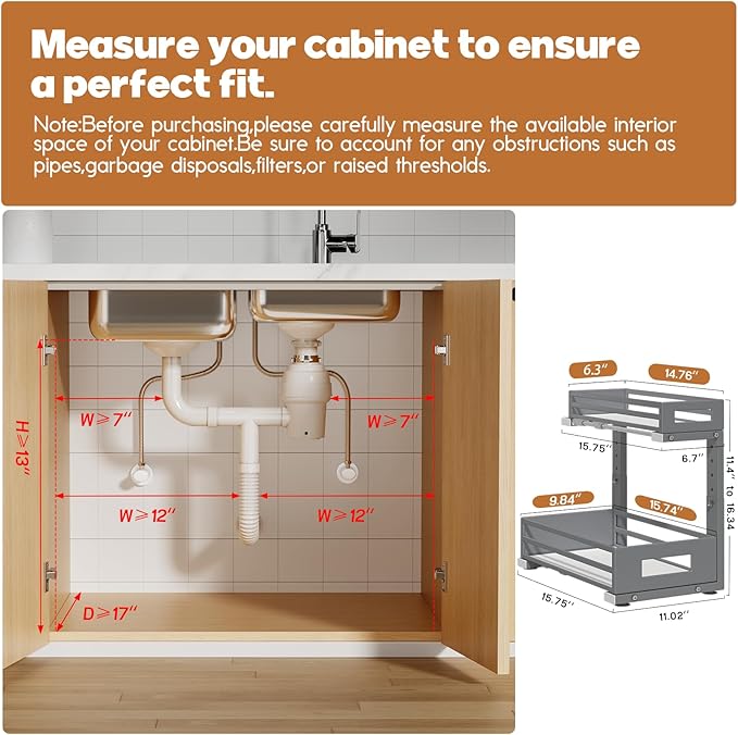 1-Pack Under Sink Organizers and Storage, 2-Tier L-Shape Pull Out Cabinet Organizer with Round Tube Slide Rails, Height Adjustable Slide Out Drawers for Kitchen & Bathroom, Multi-Purpose Storage Shelf - Gray