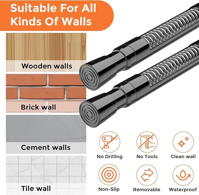 FVONZON Tension Curtain Rod Black Spring Tension Curtain Rods 26-39 inch 4Pack Adjustable Spring Rods Extendable Tension Rod For Closet, Window, Kitchen,Bookshelf,Bathroom